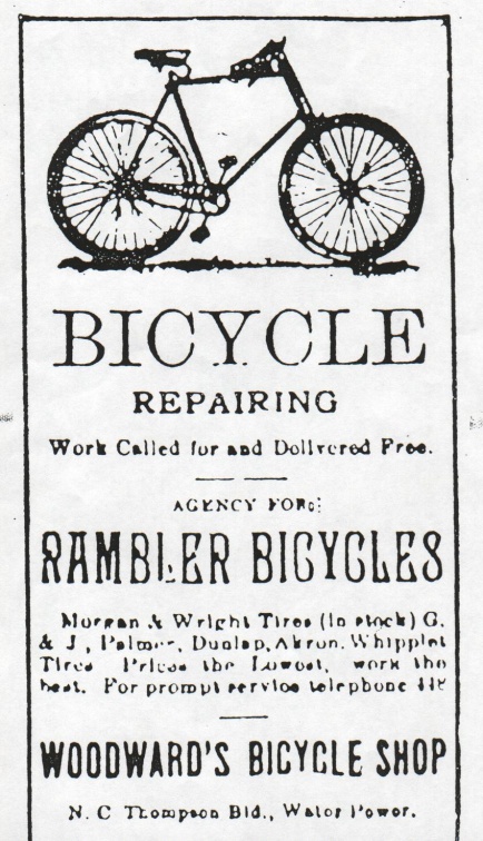 Amos Woodward's bicycle repairing advertisement, circa 1881